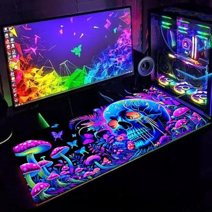 Simpkeely Large Skull Mushroom Gaming Mouse Pad - UV Light Reactive Neon Glow Butterfly Mat Waterproof XL Non-Slip Rubber Base for Computer & Keyboard, 31.5" x 11.8" - color: Skull Mushroom
