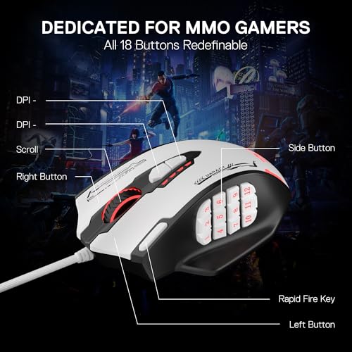 Redragon M908 Wired RGB MMO Gaming Mouse 24000 DPI Remapping Keys | Stable Lag-Free Connection, Redefine Keybinding Macro, Vibing Backlight, Ergonomic Grip Body Comfort - color: Black & White, style: Wired M908