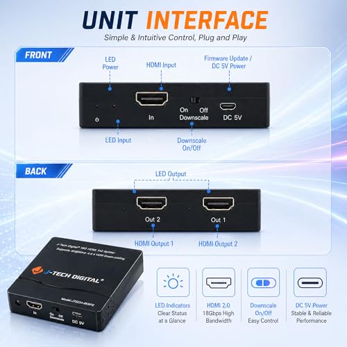 J-Tech Digital HDMI Splitter 1 in 2 Out 4K 60Hz Multi-Resolution Output (MRO) HDMI 2.0 Splitter Supports Downscale HDR HDR10 / Dolby Vision 4K@60Hz 4:4:4 HDCP2.3 2.2 (JTECH-4KSP2)