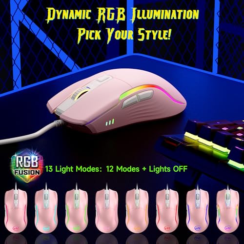 memzuoix Wired Gaming Mouse with RGB - 6 Adjustable DPI up to 12800, 6 Buttons, 12 Lighting Modes, Ergonomic Design with Anti-Slip Rubber Wheel, 5.6ft Braided Cable for PC/Mac/Windows - Pink - color: pink
