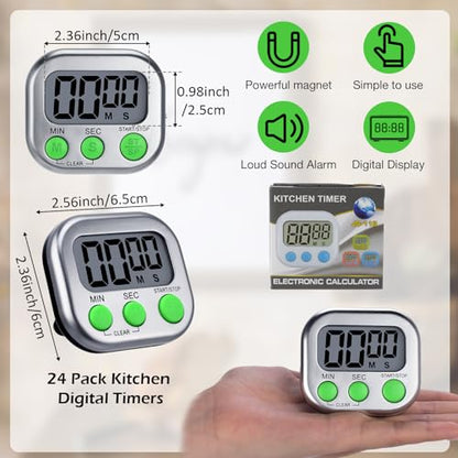 Leumoi 24 Pack Multi-Function Digital Timers with Magnetic Back, Large LCD Display, Loud Alarm, Count up & Countdown, Memory Function for Cooking, Classroom, Study, Exercise & Work(Sliver and Green) - color: Sliver and Green