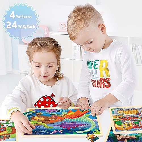 Wooden Puzzles for Kids Ages 3-5, 4 Packs 24 Piece Jigsaw Puzzles for 3 Year Old Boys Girls, Farm Urban Dinosaur Forest Animals Preschool Educational Brain Teaser Boards Toys