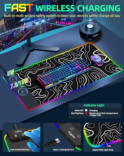 Wireless Charging Mouse Pad, RGB Gaming Mousepad, 31.5"x15.7" in | Extra Large Desk Mat, 13 Light Modes, Non-Slip Rubber Base, Waterproof Computer Keyboard Mat, Black Topographic Line - color: Black Topographic