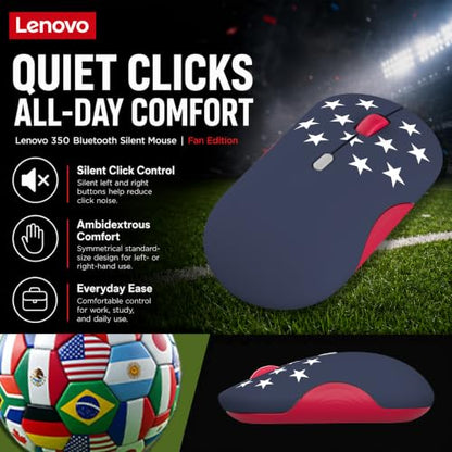 Lenovo 350 Bluetooth Silent Mouse (Fan Edition), Wireless Ergonomic Ambidextrous Design, Bluetooth 5.3, Adjustable DPI up to 2400, 36 Month Battery Life, Recycled Materials, USA Flag - color: USA Flag