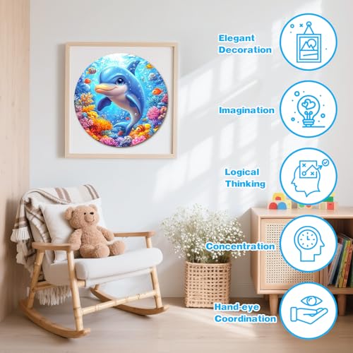 Ocean Wooden Puzzles for Kids - Blue Dolphin (11.4 * 11.4 in) | 50 Piece Puzzles for Kids Ages 6-8, Kids Puzzles with Unique Animal Shapes, Round Gift for Girls and Boys - color: Blue Dolphin
