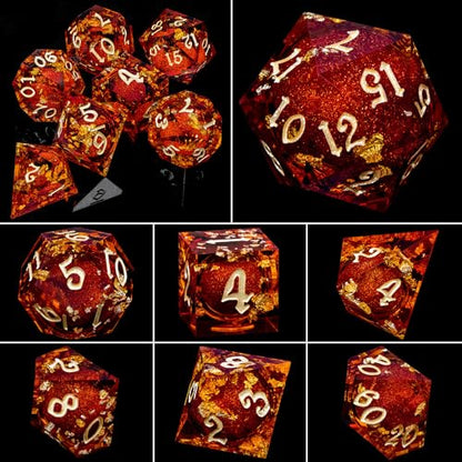 ARUOHHA Liquid Core DND Dice Set, 7pcs Resin Sharp Edged Dragons Dice Compatible with D&D Role Playing Games, RPG Golden Numbers Red Dungeons Polyhedral Dice with Gift Box, D and D Dice Set D20 D10 D6 - color: Golden Red