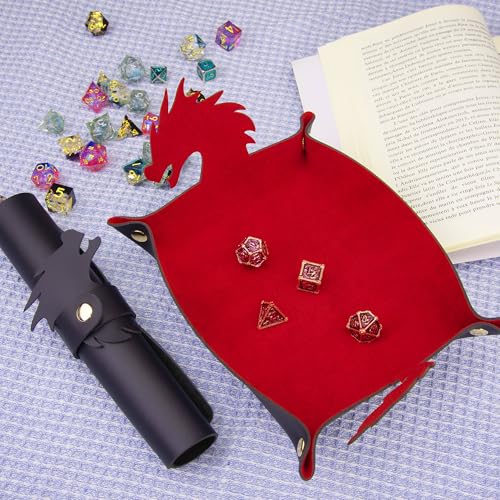 SIQUK 2 Pieces Dragon Dice Rolling Tray PU Leather Dice Mat Folding Scroll Dices Holder for D&D RPG Games (Black, Red) - color: Black, Red