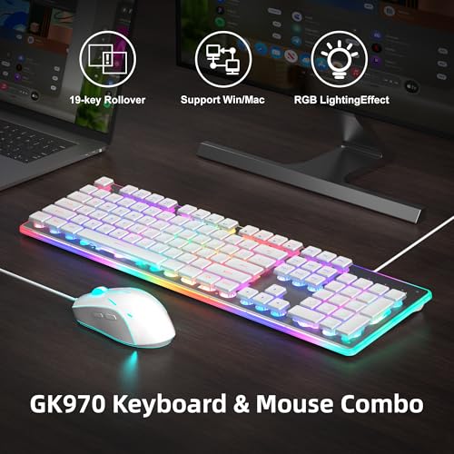 Camiysn Gaming Creamy Keyboard and Mouse, White 104 Keys RGB and 6 Speed RGB Mouse Combo, Pudding Keycaps Silent Computer Keyboard for Computer/PC/Laptop/Mac/Windows/Office - color: White