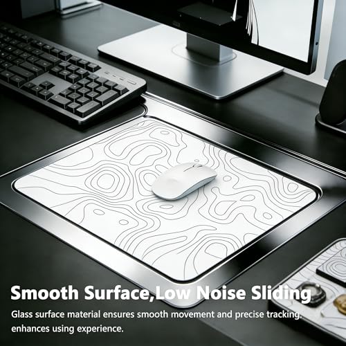Glass Gaming Mouse Pad,White Topographic Hard Surface Gaming Mousepad,17.7‘’X15.7'' Tempered Glass Desk Mat,Ultra-Smooth Large Square Desk Mat,Improved Precision and Speed for Esports FPS Players - color: White(Irregular)