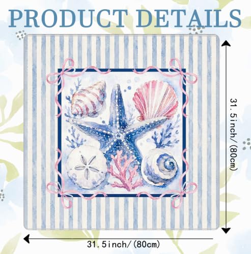Coquette Pink Bow Coastal Beach Mahjong Mat 31.5x31.5 Inch | Preppy Starfish Seashell Blue Striped Non-Slip Noise Reduction Mah Jong Table Mat Cover Gifts for Mahjong Lovers Dominoes - color: Brogan Starfish