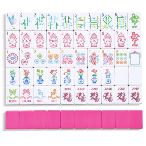 TIASUSAN American Mahjong Tile Set(1.2"), 160 Engraved Mahjong Tiles with Tiles Bag and Mah-jongg Accessories - style: 160 Magenta Tiles
