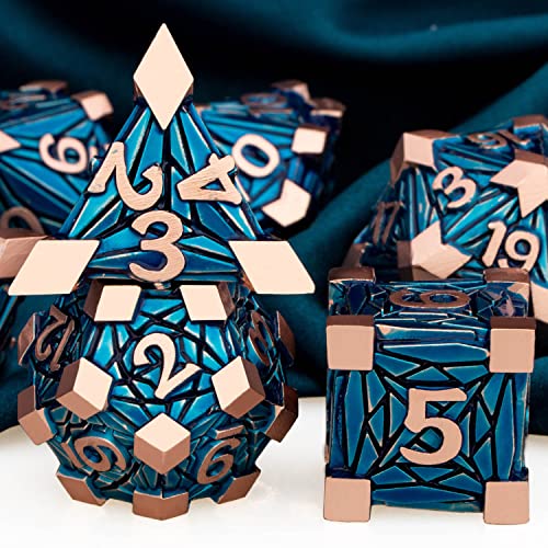 ARUOHHA DND Metal Dice Set Crystal Shards Dice with Gift Box, 7PCS Copper Blue Polyhedral Dice RPG Role Playing Game Handmade 6 Sided D and D Dice Set D20 D12 D10 D8 D6 D4 - color: Red Copper Blue