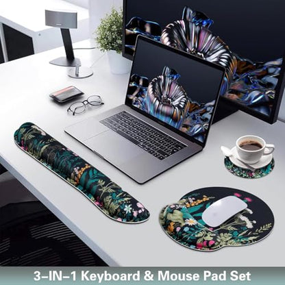 Mouse Pad with Wrist Rest Set, 3-in-1 Wrist Support Mouse Pad Set, Floral | Gaming MousePad with Anti-Skid Base,Ergonomic Mouse Pad,Memory Foam Keyboard Gel Wrists Rest - color: Flowers & Plants