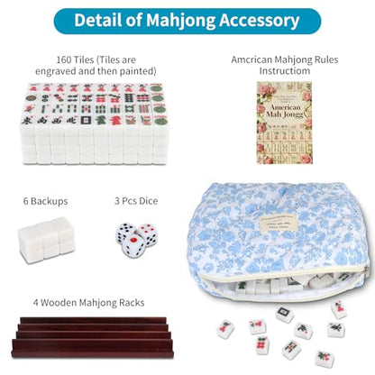 Travel American Mahjong Tile Set | 166 PCS 0.8 Inch Mini Mahjong Game Tiles, 4 Wooden Racks, Floral Storage Bag, 3 Dice & Beginner's Guide, Complete Portable Set - color: White