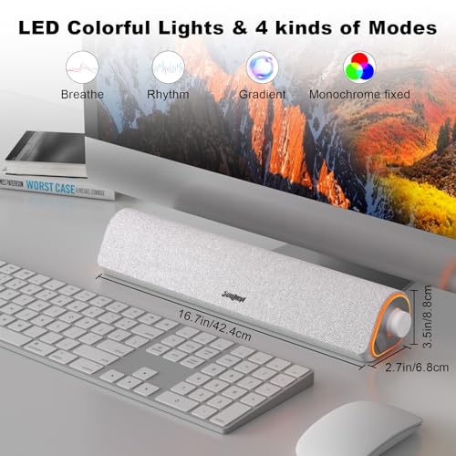 SOULION Bluetooth Computer Speakers PC Sound Bar for Desktop Monitor White | USB Powered & 3.5mm, Colorful LED Lights, Switch Button Clear & Rich Sound, Breathable Cloth,Surround Soundbar - color: White