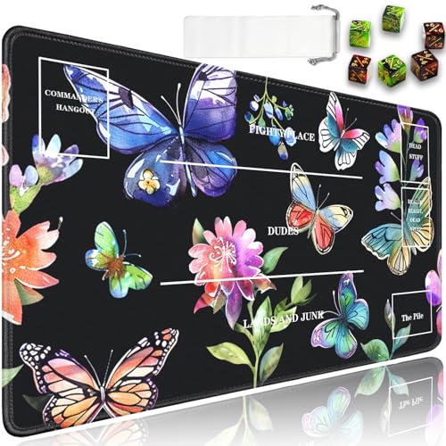 JVGFYNKL for MTG Playmat, 24 x 14 in for TCG Playmat with Zones, Card Game Playmats with Storage Bag and 6 Dice, Black for MTG Table Mat Card Accessories, Colored Flowers + Butterflies - color: JV-Playmat-5K-4-F143