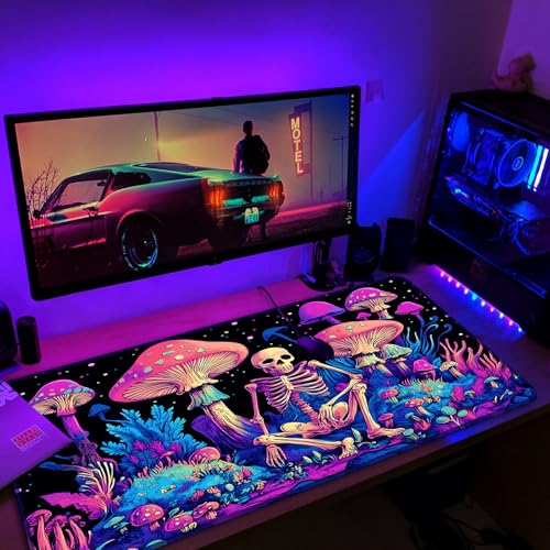 Simpkeely Large Gaming Mouse Pad XL - Blacklight Skull Mushroom Desk Mat, 31.5 x 11.8 Inch Extended Waterproof Keyboard Mousepad with Non-Slip Rubber Base for Gamers & Office Work - color: Mushroom Skull