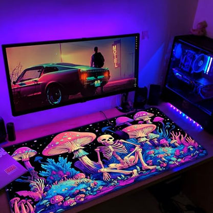 Simpkeely Large Gaming Mouse Pad XL - Blacklight Skull Mushroom Desk Mat, 31.5 x 11.8 Inch Extended Waterproof Keyboard Mousepad with Non-Slip Rubber Base for Gamers & Office Work - color: Mushroom Skull