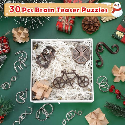 Seenelling 30 Pcs Brain Teaser Puzzles Wooden and Metal Cast 3D Unlock Interlocking Puzzles Gift IQ Educational Smart Puzzle Toys for Teens Adult Puzzles