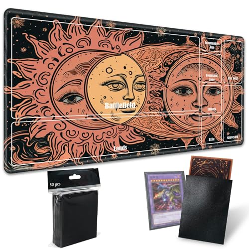 Board Game Mat TCG Playmat Plus 50 Pcs Card Sleeves, 24 x 14 inches Table Mats Games Mousepad with Zones Smooth Surface for MTG RPG CCG Trading Card Game Play Mats, Faces of Sun and Moon - color: Faces of Sun and Moon, size: Zone 1