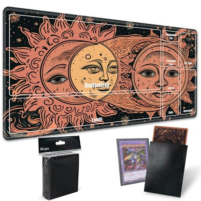 Board Game Mat TCG Playmat Plus 50 Pcs Card Sleeves, 24 x 14 inches Table Mats Games Mousepad with Zones Smooth Surface for MTG RPG CCG Trading Card Game Play Mats, Faces of Sun and Moon - color: Faces of Sun and Moon, size: Zone 1