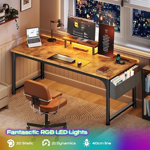 DurayLoly 47" Study Computer Desk with Thicken Frame, RGB LED&Power Outlets | 24" Widened Desktop,Detachable Stand, Hooks & Storage Bag, 110LBS Capacity, Home Office Desk, Brown - color: Brown, size: 47 Inch