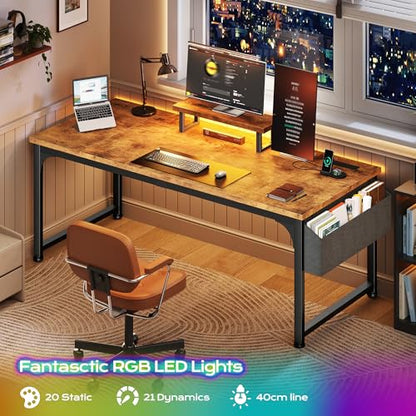 DurayLoly 47" Study Computer Desk with Thicken Frame, RGB LED&Power Outlets | 24" Widened Desktop,Detachable Stand, Hooks & Storage Bag, 110LBS Capacity, Home Office Desk, Brown - color: Brown, size: 47 Inch