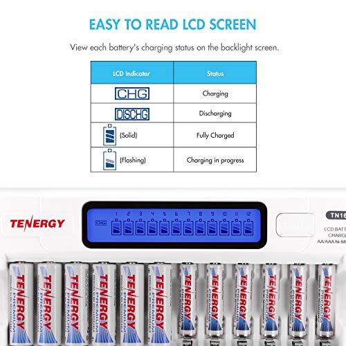 Tenergy 12 Pack Centura AAA and TN160 Charger, Low Self-Discharge AAA 1.2V 800mAh NiMH Rechargeable Batteries for Remote Controllers, Toys, and More - size: Charger + 12 Pack Centura AAA
