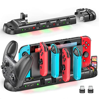 Switch Controller Charger for 6 Joy-Cons & Pro Controller, Switch Charger Dock with 2 Extended USB Ports, Switch Charging Stand Station with Detachable 8 Game Slots for Switch & OLED Model