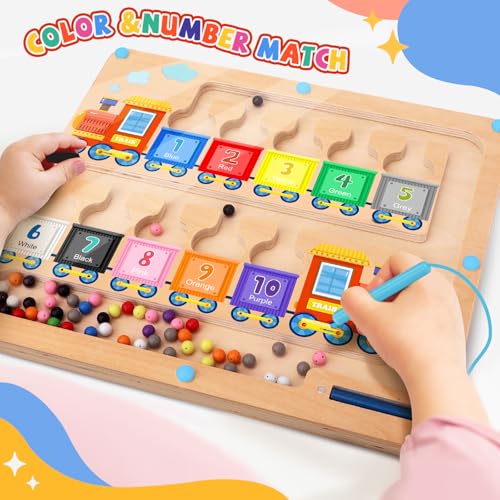wakeInsa Magnetic Color and Number Maze,Montessori Toys for 2-5 Years Old Boys,Wooden Magnet Balls Puzzles,Toddler Busy Board,Preschool Learning Activities,Christmas & Birthday Gift for Kids - style: Magnet Toys - Train