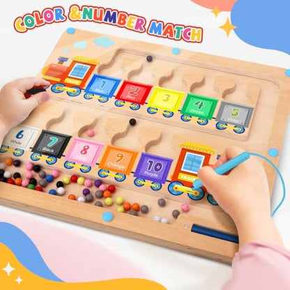 wakeInsa Magnetic Color and Number Maze,Montessori Toys for 2-5 Years Old Boys,Wooden Magnet Balls Puzzles,Toddler Busy Board,Preschool Learning Activities,Christmas & Birthday Gift for Kids - style: Magnet Toys - Train