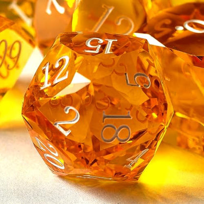 Crystal Multifaceted Polyhedral Dice Set 7 PCS for DND, RPG Tabletop Gaming, Collectors | Tinbox Packing, Gemstone Effect Dice (Amber) - color: Amber