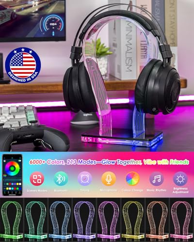 OAPRIRE Acrylic RGB Headphone Stand for Desk with Many Light Modes & Colors | Customizable 213 Lighting Modes & 60,000 Colors, with 4.8ft USB Power Cable, Universal, Sturdy, Gifts for Gamers Men