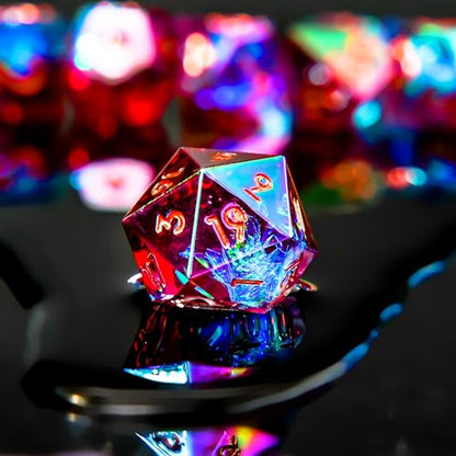 Laser DND Rainbow Dice Set Dungeons and Dragons Dice with Iridescent Iconic Coating, Polyhedral Dice with Resin Sharp Edge for RPG, MTG Table Games （red Sunset） - color: Rainbow-red Sunset
