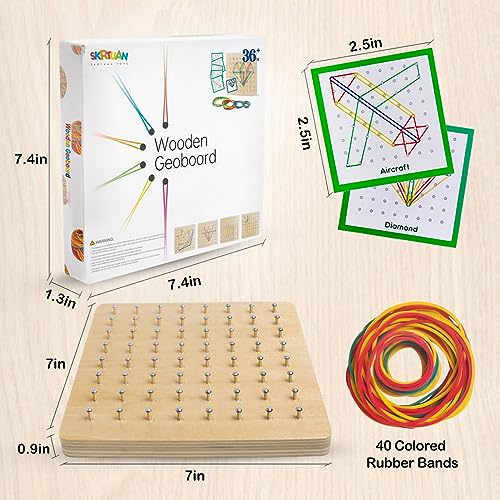Wooden Geoboard, Montessori STEM Toy with Pattern Blocks for Kids Ages 3+ | Rubber Bands & Pattern Cards, Fine Motor Math Learning Geo Board, Classroom Home STEM Activity, Brain Teaser Educational Gift - size: 7*7 in