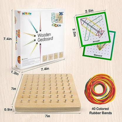 Wooden Geoboard, Montessori STEM Toy with Pattern Blocks for Kids Ages 3+ | Rubber Bands & Pattern Cards, Fine Motor Math Learning Geo Board, Classroom Home STEM Activity, Brain Teaser Educational Gift - size: 7*7 in