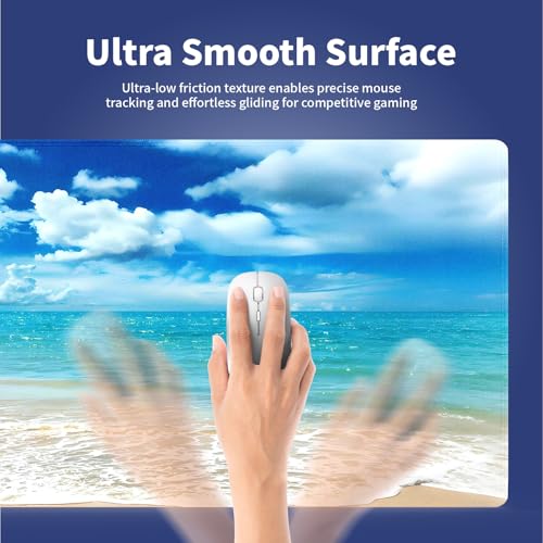 Tranquil Coastal Beach Large Mouse Pad, Blue Ocean Puffy Clouds Desk Mat | Nature Sean Scenery, 31.5" x 11.8", XXL Gaming/Office Durable Stitched Keyboard Mat, Smooth Surface Anti-Slip Base - color: Clear Blue Beach Scene