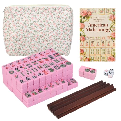 Travel American Mahjong Tile Set, 166 PCS 0.8 Inch Mini Mahjong Game Tiles, 4 Wooden Racks, Floral Storage Bag, 3 Dice & Beginner's Guide, Complete Portable Set (Pink) - color: Pink