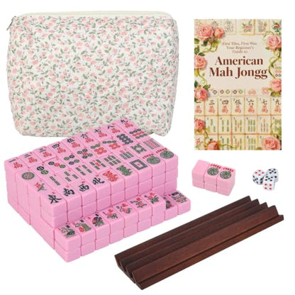 Travel American Mahjong Tile Set, 166 PCS 0.8 Inch Mini Mahjong Game Tiles, 4 Wooden Racks, Floral Storage Bag, 3 Dice & Beginner's Guide, Complete Portable Set (Pink) - color: Pink