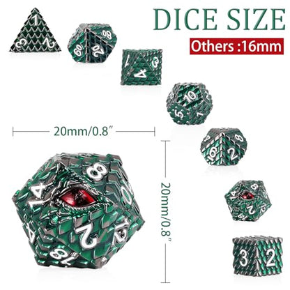Metal Dice Set D&D,7 PCS Dragon Scale Metallic DND Dice Set,Dragon Eye Metal Dice with Grogeous Gift Case for Dungeons and Dragon Tabletop Game (Dark Green Dragon Scale & Red Eye) - color: Dark Green Dragon Scale & Red Eye