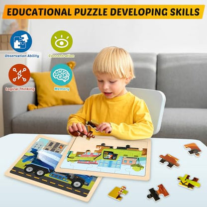 Wooden Puzzles for Kids Ages 4-6, 4 Packs 24 PCS Construction Vehicle Jigsaw Puzzles for Kids Ages 3-5, Preschool Educational Puzzles Boards Toys Gifts for Boys Girls - style: Vehicle
