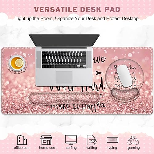 ToLuLu Desk Mat, XXL Large Mouse Pad Wrist Support Set，4 in1 Gaming Mousepad Desk Pad+ Ergonomic Mouse Pad with Wrist Rest + Keyboard Wrist Rest+Coaster for Women Home Office Table, Pink Stay Positive - color: Pink Stay Positive
