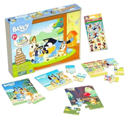 Bluey 5 Wood Puzzles with Storage Box, 72 Exclusive Mickey Mouse Clubhouse Stickers and Star Wars 300+ Stickers Bundle for Kids - Ages 3 and Up
