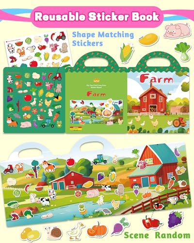 Walenced Reusable Sticker Book for Toddlers, Travel Stickers for Kids, Toddler Craft Activities Toys, Birthday Gifts for Boys & Girls - style: Farm Animal