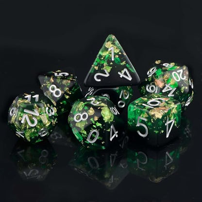 Haxtec DND Dice Set, 7 Pcs Gold Foil Resin Polyhedral Dice for Table Game | Green Black D&D Dice for Role Playing Games with Velvet Pouch, Compatible with Dungeons and Dragons, Gifts for DM Masters - color: Green Black