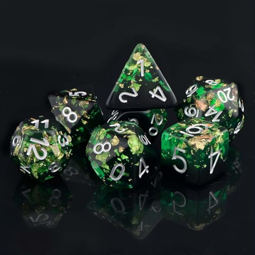 Haxtec DND Dice Set, 7 Pcs Gold Foil Resin Polyhedral Dice for Table Game | Green Black D&D Dice for Role Playing Games with Velvet Pouch, Compatible with Dungeons and Dragons, Gifts for DM Masters - color: Green Black