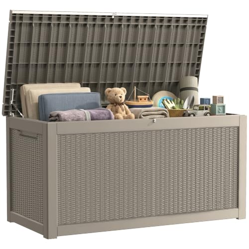 TARKARI 320 Gallon Outdoor Storage Box Waterproof, Resin Deck Boxes with Lockable Lid & UV-Resistant for Patio, Pool, Garden Furniture Cushions & Accessories, Coffee - color: Coffee, size: 320 GAL