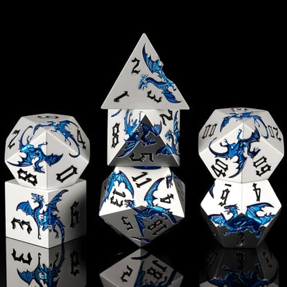 Metallic D&D Dragon Dice Set,Metal DND Polyhedral Dice with Dragon for Dungeons and Dragons RPG TTRPG D and D 7-Die Set with Gift Case (Dragon-Pearl Silver Transparent Blue) - color: Dragon-pearl Silver Transparent Blue