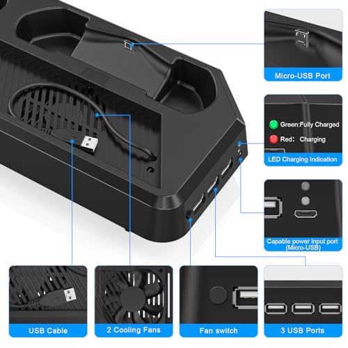 KEKUCULL Controller Charger Station for PS4Pro,Vertical Stand with Dual Controller Charging Dock Station,Dual Cooling Fan and 3 USB Ports(Only for PS4Pro)