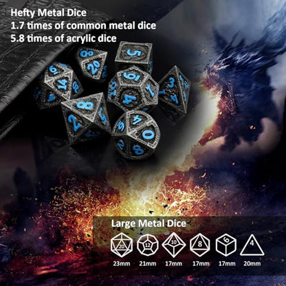 Haxtec Metal DND Dice Set Black Blue Dragon D&D Dice Set with Leather Dice Bag Metal Polyhedral Dice Compatible with Dungeons and Dragons Gifts TTRPG Dice - color: Matt Black Blue